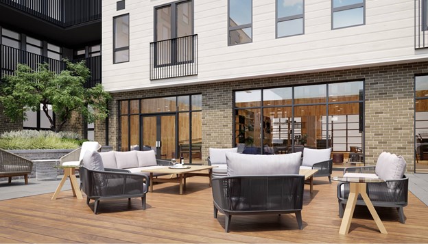 Outdoor seating and entertaining space at The Edmund in Reston, Virginia. 